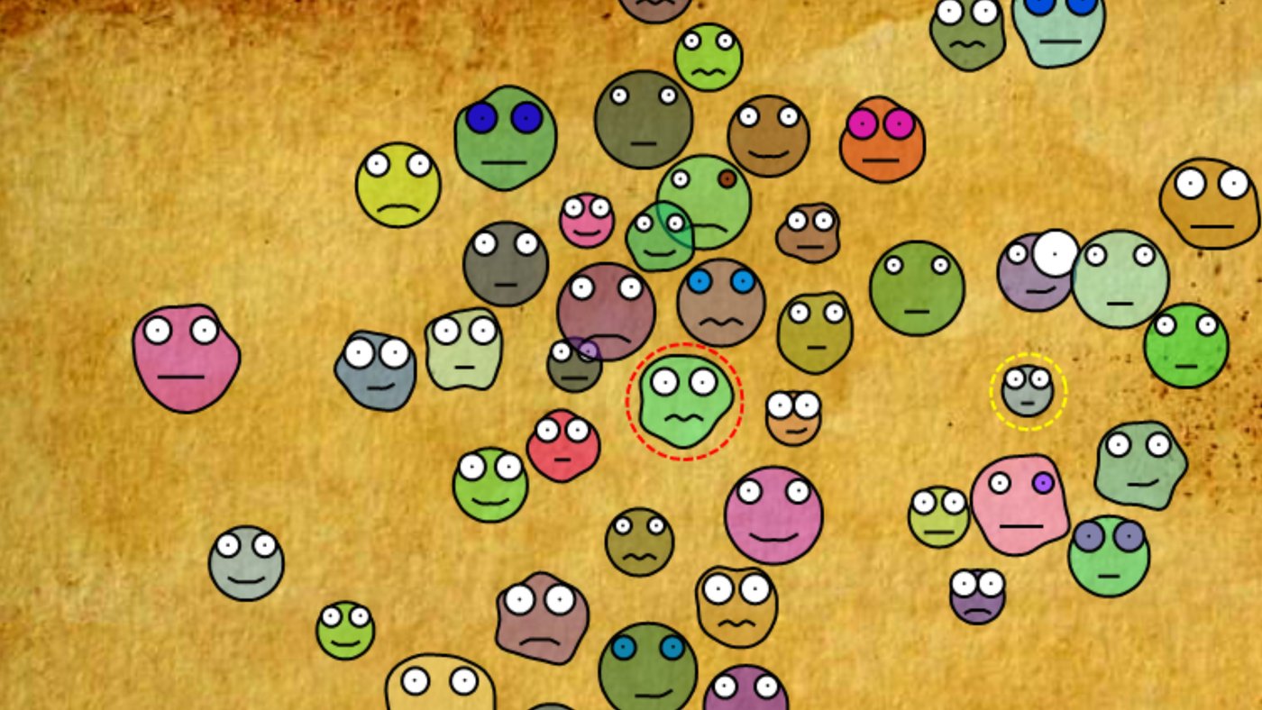 Duckwood prototype: a village of wobbly faces with you and your nemesis circled