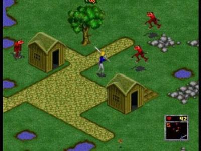 In-game screenshot: defending the village from hordlings