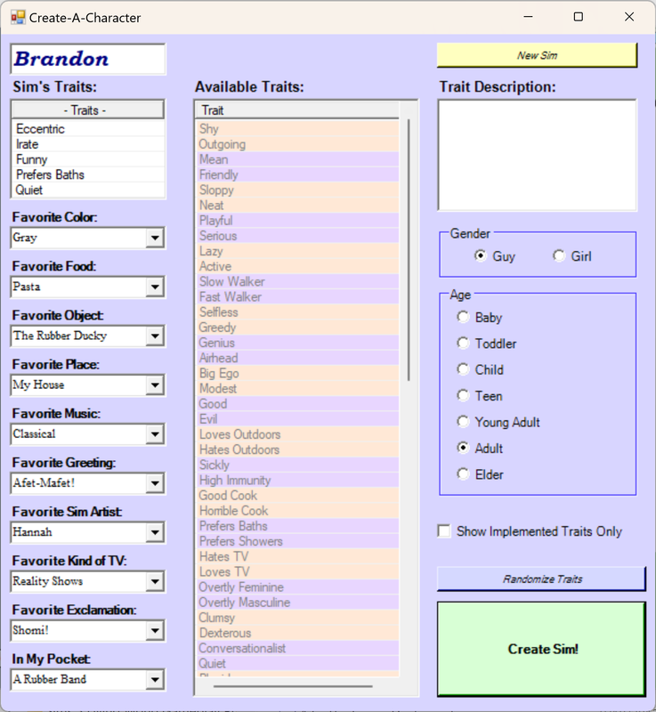 Create-A-Sim with personality traits