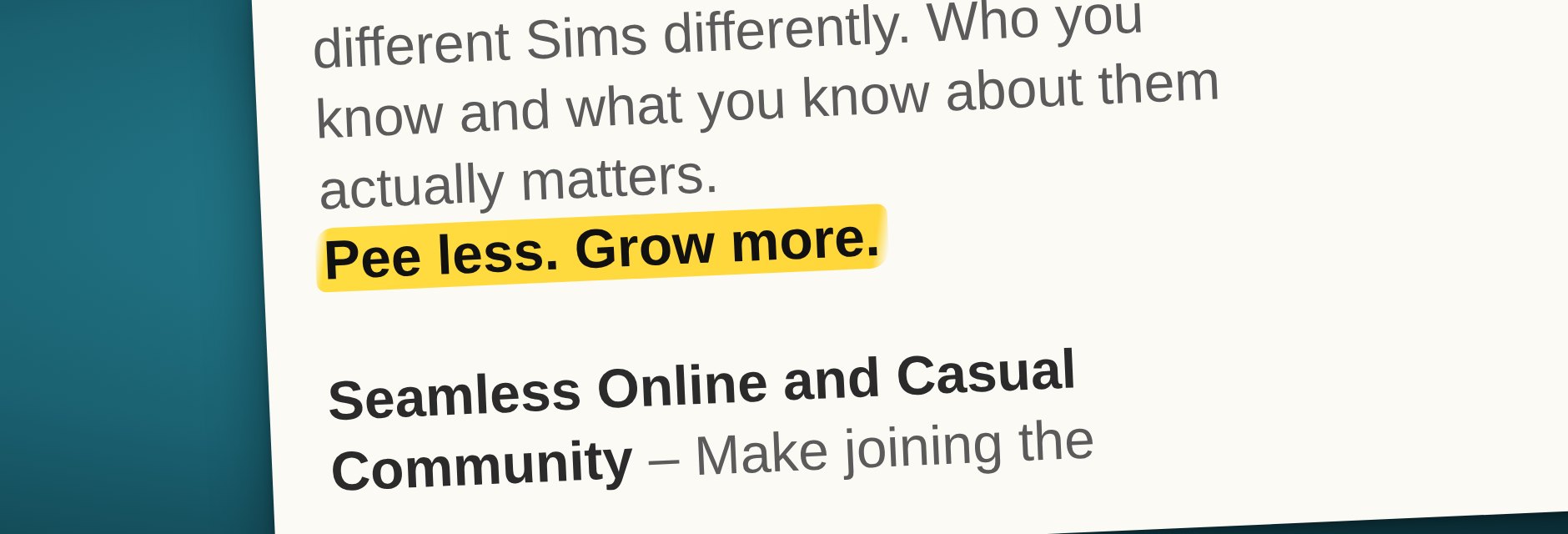 Sims 3 focal points doc with &ldquo;Pee less. Grow more.&rdquo; highlighted