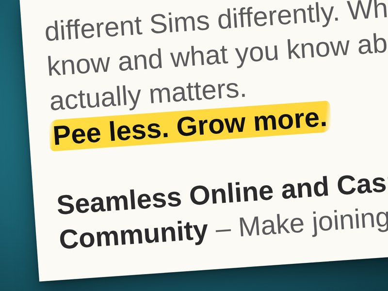 The Sims 3 focal points doc with &ldquo;Pee less. Grow more.&rdquo; highlighted