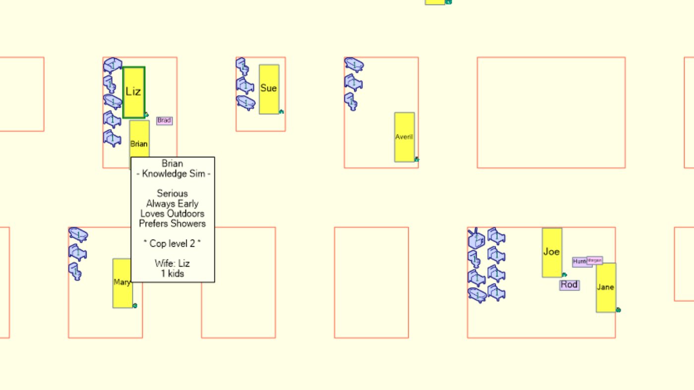 Story Progression prototype: a neighborhood of houses and Sims, with one Sim&rsquo;s life summary showing